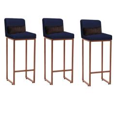 Imagem de Kit 03 Banqueta Alta com Encosto Lucca Industrial Cozinha Balcão Ferro Bronze Corino Azul Marinho e Almofada Marrom - Ahazzo Móveis