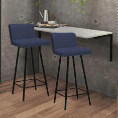 Imagem de Kit Mesa Suspensa de Parede Fixa mdf Marmorizado + 2 Banquetas Lexi Ferro Preto Sintético Azul Marinho - Ahazzo Móveis