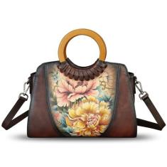 Imagem de Bolsa feminina de couro genuíno pintada à mão bolsa de ombro feita à mão bolsa transversal de trabalho bolsa casual, Padrão 7, Medium