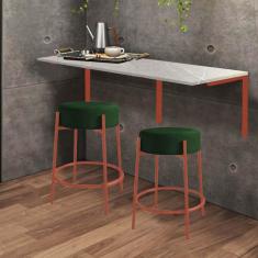 Imagem de Kit Mesa Suspensa de Parede Fixa MDF Marmorizado + 2 Banquetas Sintra Ferro Cobre Suede Verde - Ahazzo Móveis