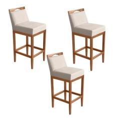Imagem de Kit 3 Banquetas Alta Lyara em Madeira Maciça com Encosto Estofada