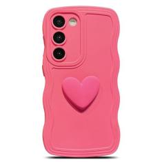 Imagem de LYQZDT Capa compatível com Samsung Galaxy S23 Plus, capa fofa de cor sólida 3D com coração de amor, capa protetora com borda ondulada encaracolada à prova de choque para mulheres e meninas (rosa