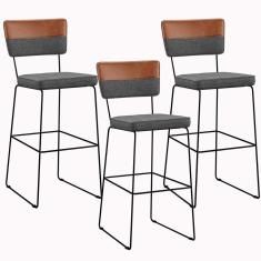 Imagem de Kit 03 Banquetas Altas Faixa Camel Linho Cinza Escuro