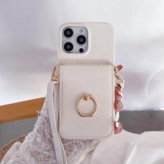 Imagem de Capa de telefone com suporte de anel para iPhone 15 14 Plus 13 12 11 Pro Bolsa de bolso máxima porta cartão de crédito capa de couro com cordão crossbody, branca, para iPhone 15 Plus
