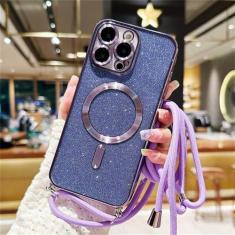 Imagem de Capa magnética com cordão crossbody brilhante para iPhone 15 14 Plus 13 12 11 Pro Max Capa traseira de TPU macio galvanizado, roxo claro, para iPhone 13Pro Max