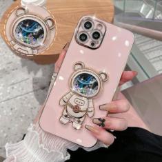 Imagem de Capa de suporte dobrável de urso de areia movediça astronauta para iPhone 15 14 ProMax Plus 13 12 11 Pro Max XR Xs Max Capa macia de silicone de Natal, rosa, para iphone 15