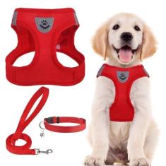 Imagem de PUPTECK Conjunto de coleira e coleira ajustável para cães, sem puxão, para cães pequenos, médios e gatos, caminhada ao ar livre, corrida, colete refletivo acolchoado de malha macia