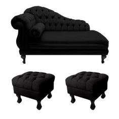 Imagem de Recamier Divã Namoradeira Larissa 150cm + 2 Puffs Retrô Suede Preto  -