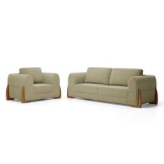 Imagem de Kit Poltrona e Sofá Bloom 220cm 03 Lugares com Pés de Madeira Bouclê B