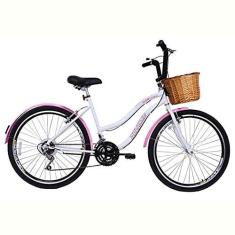 Imagem de Bicicleta Retrô Vintage Aro 26 18v Feminina Beach Rosa com Branco com Cestinha