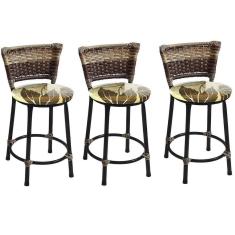 Imagem de Kit 3 Banquetas Baixas Preta com Encosto Junco Capuccino Assento Floral Marrom