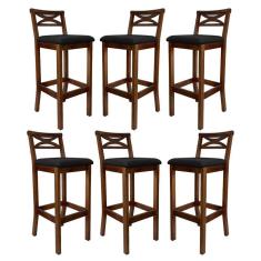 Imagem de Kit 6 Banquetas Alta Estofada 38x103Cm Ilha Encosto Madri Madeira Maciça Castanho Suede Preto CCS