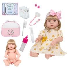 Imagem de Boneca Tipo Reborn Recém Nascida 46cm Com Bolsa Vários Itens - Cegonha
