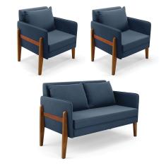 Imagem de Kit 1 Sofá Namoradeira E 2 Poltronas Lana Suede Base De Madeira - D`rossi Cor Azul Marinho