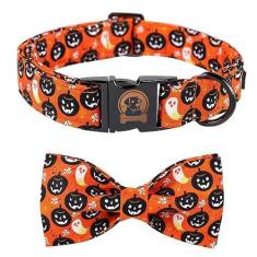 Imagem de Coleira de cachorro de Halloween com laço Mr. CHUBBYFACE Cute Boy Girl Pumpkin and Ghost Dog Collar with Bowtie for Puppy Small Medium Large Dogs
