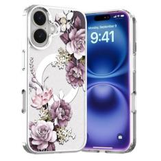 Imagem de Akeivare Capa para iPhone 16 Plus Magsafe, capa floral fina à prova de choque fofa rígida PC + TPU bumper capa feminina flor magnética