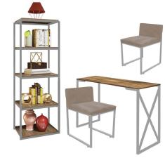 Imagem de Kit Escritório Bex 2 Cadeiras Suede Bege com 1 Mesa e 1 Livreiro Ferro Cinza MDF Imbuia - Ahazzo Móveis