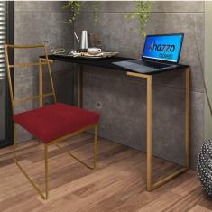 Imagem de Kit Escritório Stark Cadeira e Mesa Industrial Ferro Dourado Tampo MDF Rústico Suede Vermelho - Ahz Móveis