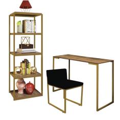 Imagem de Kit Escritório Ravi 1 Cadeira Suede Preto com 1 Mesa e 1 Livreiro Ferro Dourado MDF Malbec - Ahazzo Móveis