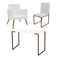 Imagem de Kit Escritório Stan Poltrona Maria com Cadeira e Mesa Industrial Branco Bronze Tecido Sintético Branco - Ahz Móveis