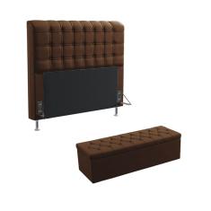 Imagem de Kit Cabeceira Estofada Decorativa Cama Box Dama 195 Cama King e Calçadeira Sagitarius Couro Artificial Marrom Aradecor