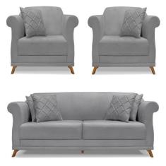 Imagem de Kit 2 Poltronas E Sofá Living 2 Lugares 1,60M Vênus Linho Grafite Pés