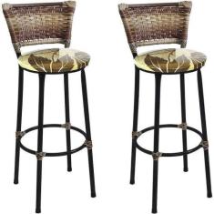 Imagem de Kit 2 Banquetas Alta Preta Junco Capuccino com Assento Floral Marrom F