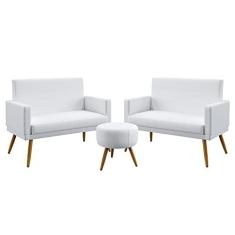 Imagem de Kit 2 Poltronas Namoradeiras Estofadas Para Sala De Estar Vega Com Rodapé e Puff Solar Couro Artificial  Aradecor