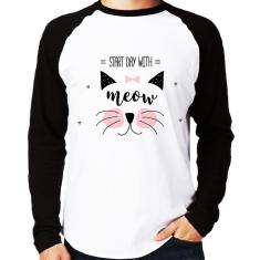 Imagem de Camiseta Raglan Gatinha Start Day With Meow Manga Longa - Foca Na Moda