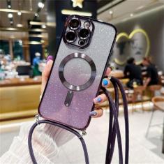 Imagem de Capa magnética com glitter gradiente de cordão crossbody para iPhone 15 14 13 12 11 Pro Max Plus chapeamento capa traseira de TPU macio, roxo escuro, para iPhone 11Pro Max