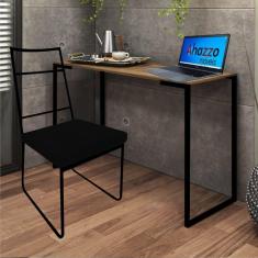 Imagem de Kit Escritório Stark Cadeira e Mesa Industrial Ferro Preto Tampo MDF Freijó Suede Preto - Ahz Móveis
