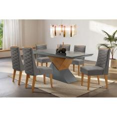 Imagem de Mesa Para Cozinha Dubai + Tampo Madeirado Vidro Reto 180x90cm Grafite-imbuia-vidro Grafite - Rufato