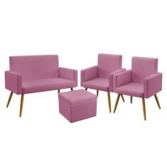 Imagem de Kit Poltrona Namoradeira e 2 Poltronas Decorativas Estofada Para Sala De Estar Vega com Puff Quasar Sued Rosê Aradecor