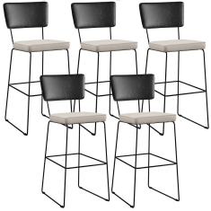 Imagem de Kit 05 Banquetas Altas Cozinha Sala Jantar Fixa Allana L02 Couríssimo Preto Linho Cru - Lyam Decor