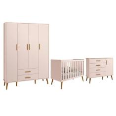 Imagem de Dormitório Infantil Isis Guarda Roupa 4 Portas, Cômoda 1 Porta E Berço Rosa - Reller Móveis Rosa