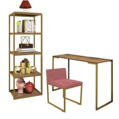 Imagem de Kit Escritório Ravi 1 Cadeira Suede Rose com 1 Mesa e 1 Livreiro Ferro Dourado MDF Carvalho - Ahazzo Móveis