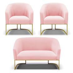 Imagem de Namoradeira E 2 Poltronas Base Industrial Dourado Stella Suede Rosa Bebê D03 - D'rossi