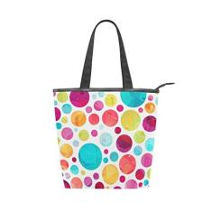 Imagem de Bolsa feminina de lona durável com círculos coloridos, sacola de grande capacidade para compras