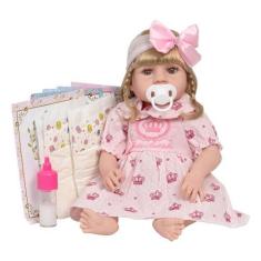 Imagem de Boneca Reborn Menina Loira Realista Vestido Coroa 13 Itens