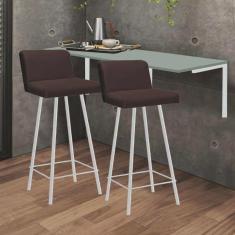 Imagem de Kit Mesa Suspensa de Parede Fixa mdf Verde Oliva + 2 Banquetas Lexi Ferro Branco Sintético Marrom - Ahazzo Móveis