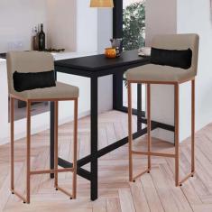 Imagem de Kit 02 Banqueta Alta com Encosto Lucca Industrial Cozinha Balcão Ferro Bronze Sintético Bege e Almofada Preto - Ahazzo Móveis