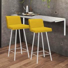 Imagem de Kit Mesa Suspensa de Parede Fixa MDF Marmorizado + 2 Banquetas Lexi Ferro Branco Corino Amarelo - Ahazzo Móveis