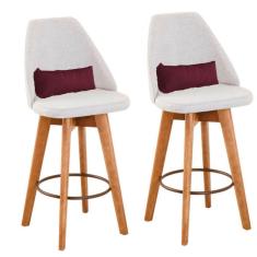 Imagem de Kit 02 Banquetas Alta Maya Giratória Com Encosto Gourmet Linho Bege e Almofada Suede Bordô - Aurora Line
