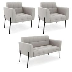 Imagem de Sofá Namoradeira E 2 Poltronas Pé De Ferro Preto Elisa Veludo Cinza D03 - D'rossi