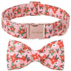 Imagem de Coleira rosa com laço, gravata borboleta Unique style paws para cães com padrão floral vermelho, coleira ajustável para animais de estimação com fivela de metal brilhante, adequada para cães pequenos,