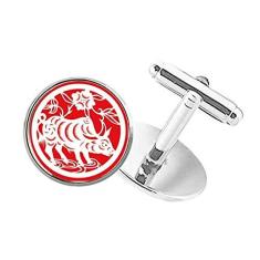 Imagem de DIYthinker Abotoaduras com clipe de botão redondo e arte do zodíaco chinês, corte de papel