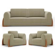 Imagem de Kit 02 Poltronas E 01 Sofá Bloom 180cm 02 Lugares Com Pés De Madeira Bouclê Bege - Desk Design