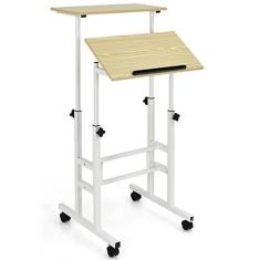 Imagem de MEDIMALL Mesa de pé ajustável de 2 camadas, mesa móvel com moldura de metal, carrinho de laptop de escritório sobre rodas, estação de trabalho de computador com rodinhas para ficar em pé e sentar