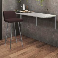 Imagem de Kit Mesa Suspensa de Parede Fixa MDF Marmorizado + 1 Banqueta Lexi Ferro Prata Suede Marrom - Ahazzo Móveis