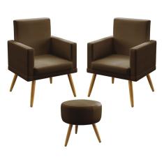 Imagem de Kit 2 Poltronas Decorativas Estofada Para Sala De Estar Vega e Puff Solar Com Rodapé Sued Marrom Aradecor